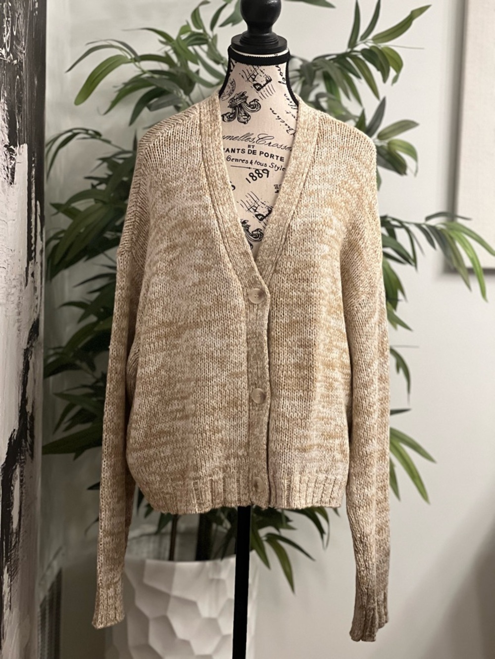 LOFT Beige Marled V-Neck Button Cardigan